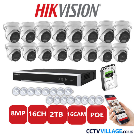 Hikvision 8MP IP CCTV System 16 Channel NVR-DS7616NI-I2/16P with 16x Turret DS-2CD2387G2H-LISU/SL White 2TB HDD Full Kit