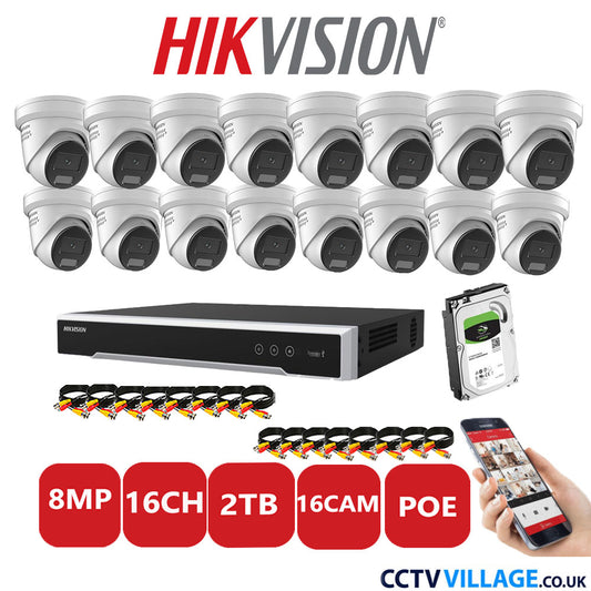 Hikvision 8MP IP CCTV System 16 Channel NVR-DS7616NI-I2/16P with 16x Turret DS-2CD2387G2H-LISU/SL White 2TB HDD Full Kit