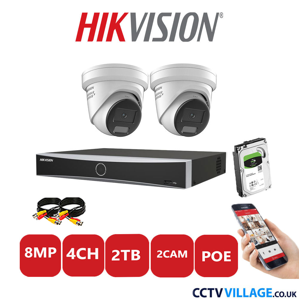 Hikvision 8MP IP CCTV Kit 4 Channel NVR-DS7604NXI-K1/4P with 2x Turret Cameras DS-2CD2387G2H-LISU/SL White 2TB HDD Full Kit