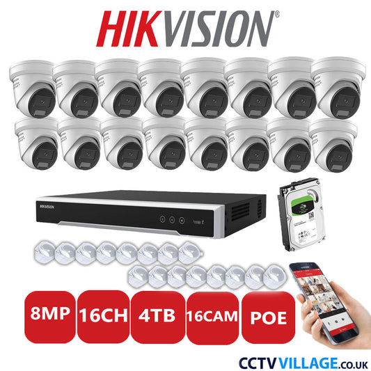 Hikvision 8MP IP CCTV System 16 Channel NVR-DS7616NI-I2/16P with 16x Turret DS-2CD2387G2H-LISU/SL White 4TB HDD Full Kit