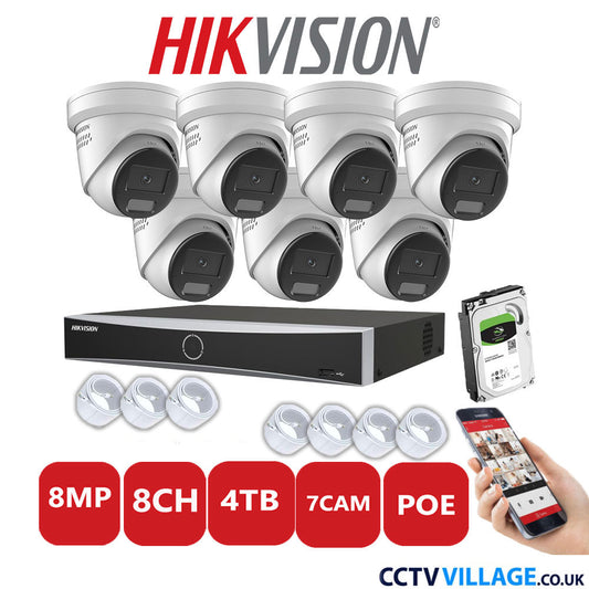 Hikvision 8MP IP CCTV System 8 Channel NVR-DS7608NXI-K1/8P with 7x Turret Cameras DS-2CD2387G2H-LISU/SL White 4TB HDD Full Kit