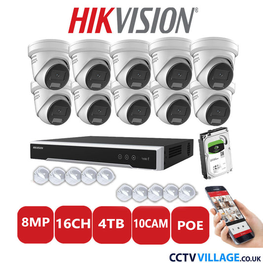 Hikvision 8MP IP CCTV System 16 Channel NVR-DS7616NI-I2/16P with 10x Turret DS-2CD2387G2H-LISU/SL White 4TB HDD Full Kit