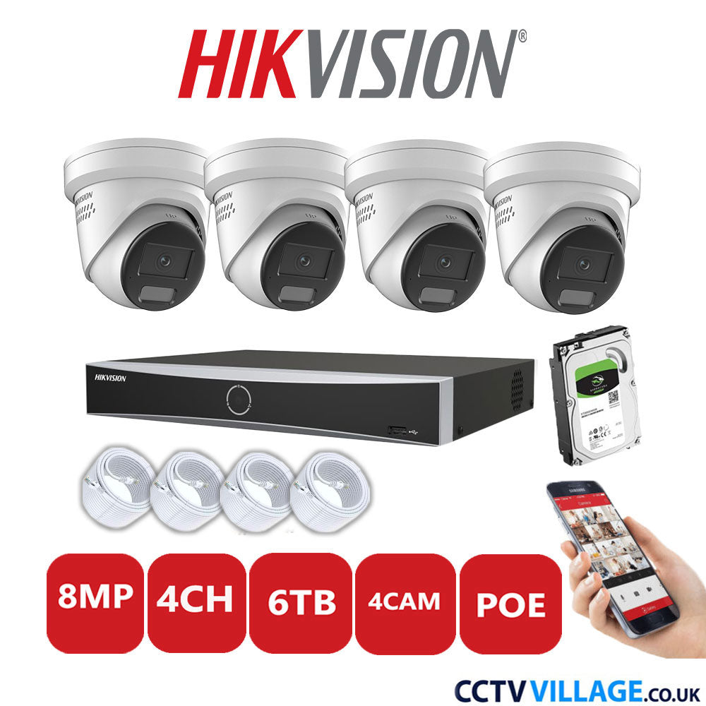 Hikvision 8MP IP CCTV System 4 Channel NVR-DS7604NXI-K1/4P with 4x Turret Cameras DS-2CD2387G2H-LISU/SL White 6TB HDD Full Kit