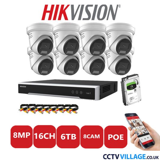 Hikvision 8MP IP CCTV System 16 Channel NVR-DS7616NI-I2/16P with 8x Turret DS-2CD2387G2H-LISU/SL White 6TB HDD Full Kit