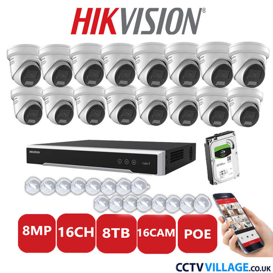 Hikvision 8MP IP CCTV System 16 Channel NVR-DS7616NI-I2/16P with 16x Turret DS-2CD2387G2H-LISU/SL White 8TB HDD Full Kit