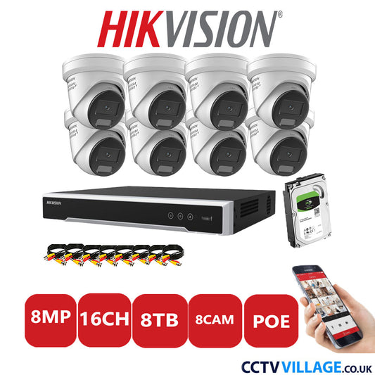 Hikvision 8MP IP CCTV System 16 Channel NVR-DS7616NI-I2/16P with 8x Turret DS-2CD2387G2H-LISU/SL White 8TB HDD Full Kit