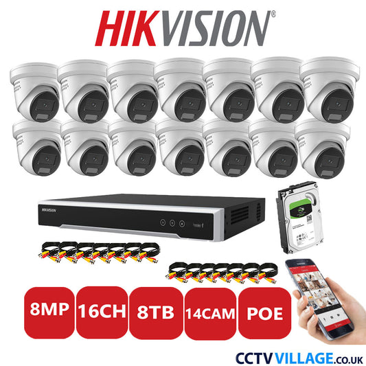 Hikvision 8MP IP CCTV System 16 Channel NVR-DS7616NI-I2/16P with 14x Turret DS-2CD2387G2H-LISU/SL White 8TB HDD Full Kit