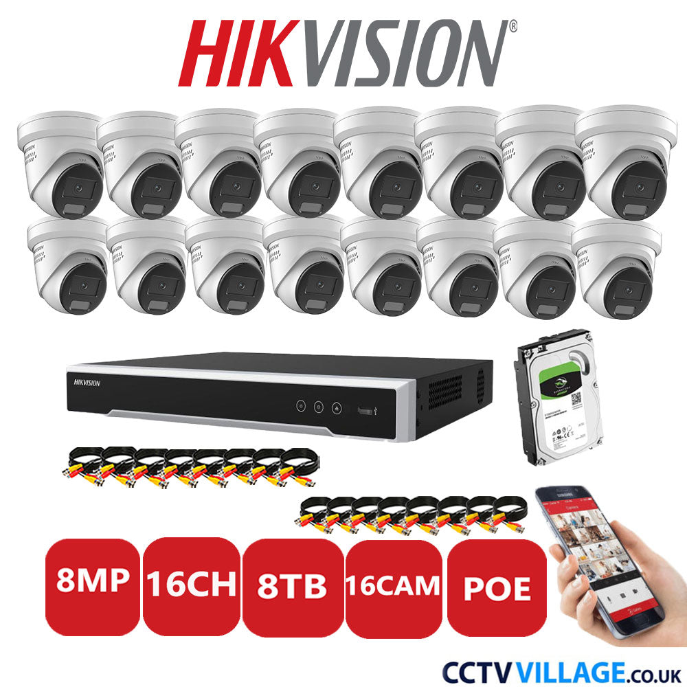 Hikvision 8MP IP CCTV System 16 Channel NVR-DS7616NI-I2/16P with 16x Turret DS-2CD2387G2H-LISU/SL White 8TB HDD Full Kit