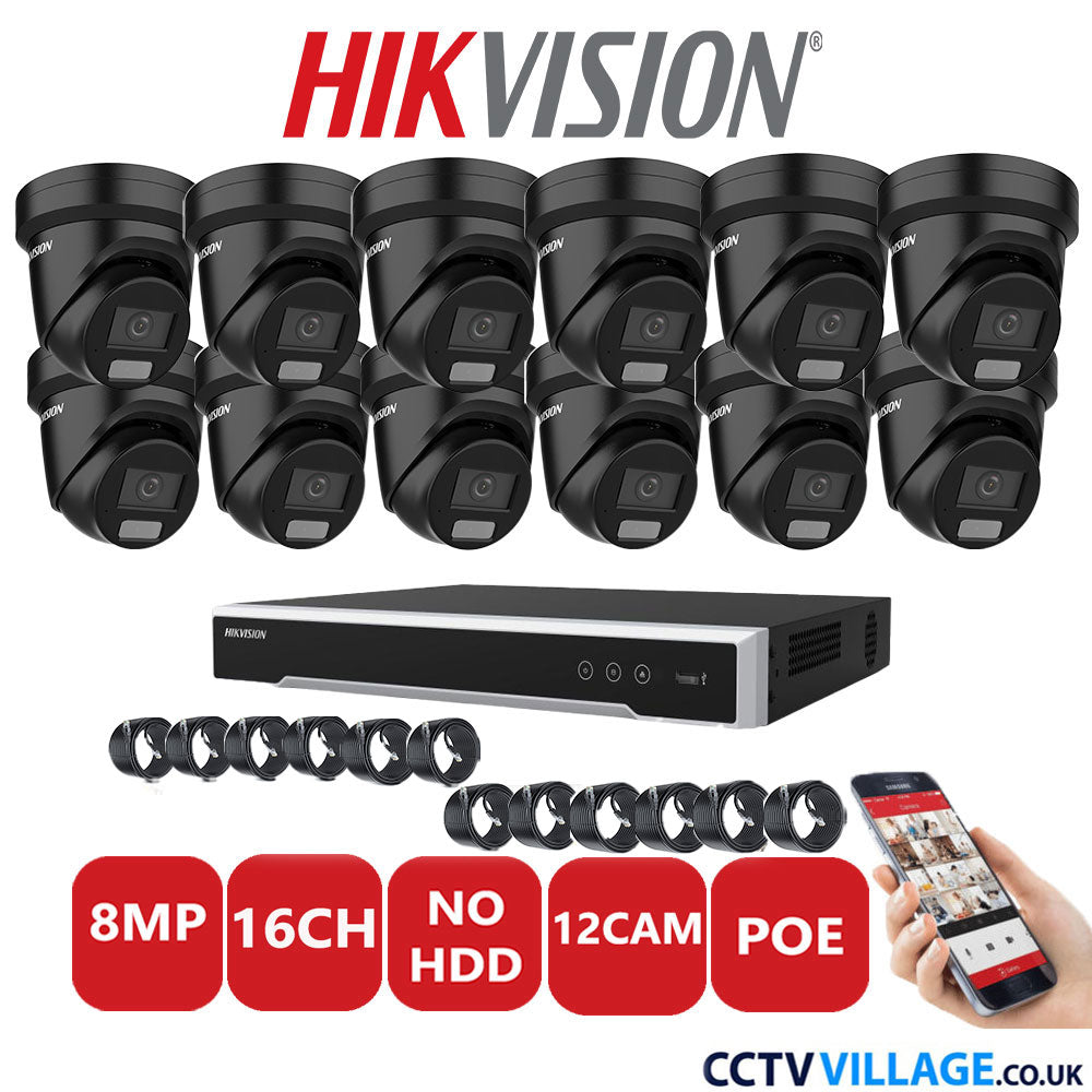 Hikvision 8MP IP CCTV System 16 Channel NVR-DS7616NI-I2/16P with 12x Turret DS-2CD2387G2H-LIU Black No HDD Full Kit