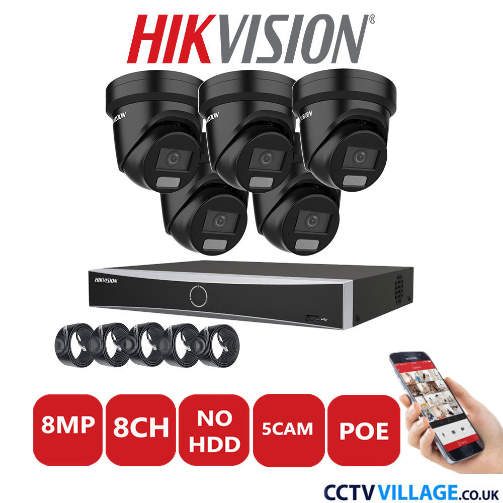 Hikvision 8MP IP CCTV System 8 Channel NVR-DS7608NXI-K2/8P with 5x Turret Cameras DS-2CD2387G2H-LIU Black No HDD Full Kit