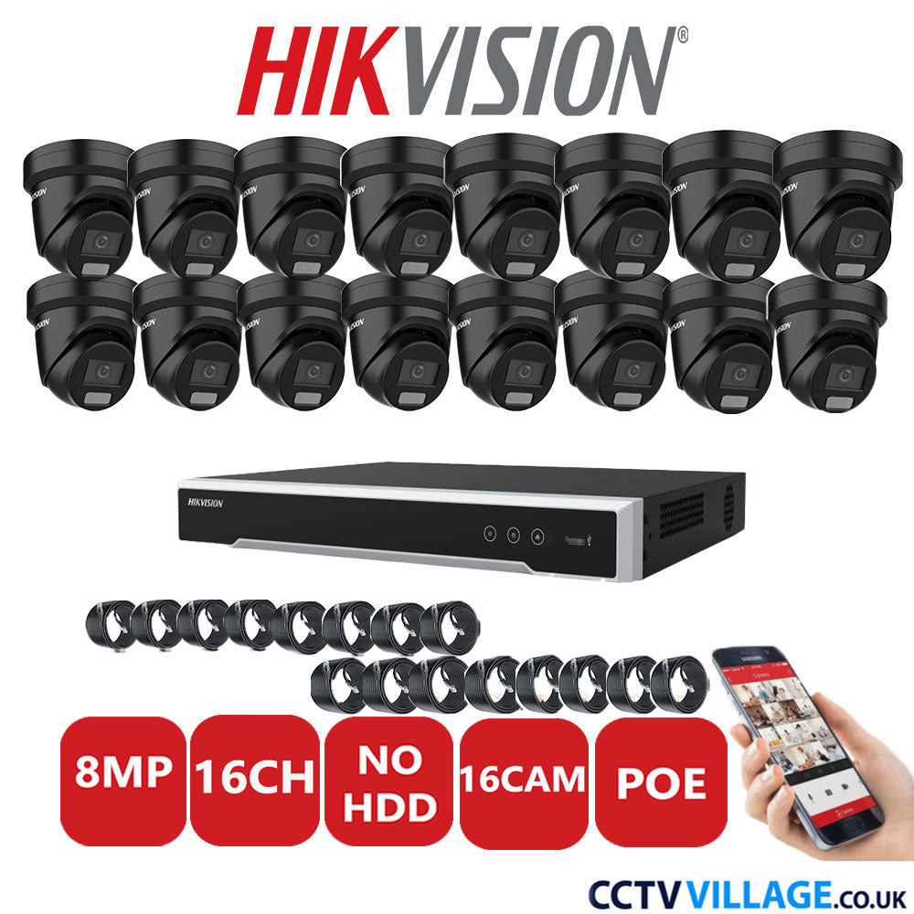 Hikvision 8MP IP CCTV System 16 Channel NVR-DS7616NI-I2/16P with 16x Turret DS-2CD2387G2H-LIU Black No HDD Full Kit