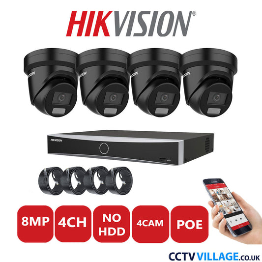 Hikvision 8MP IP CCTV System 4 Channel NVR-DS7604NXI-K1/4P with 4x Turret Cameras DS-2CD2387G2H-LIU Black NO HDD Full Kit