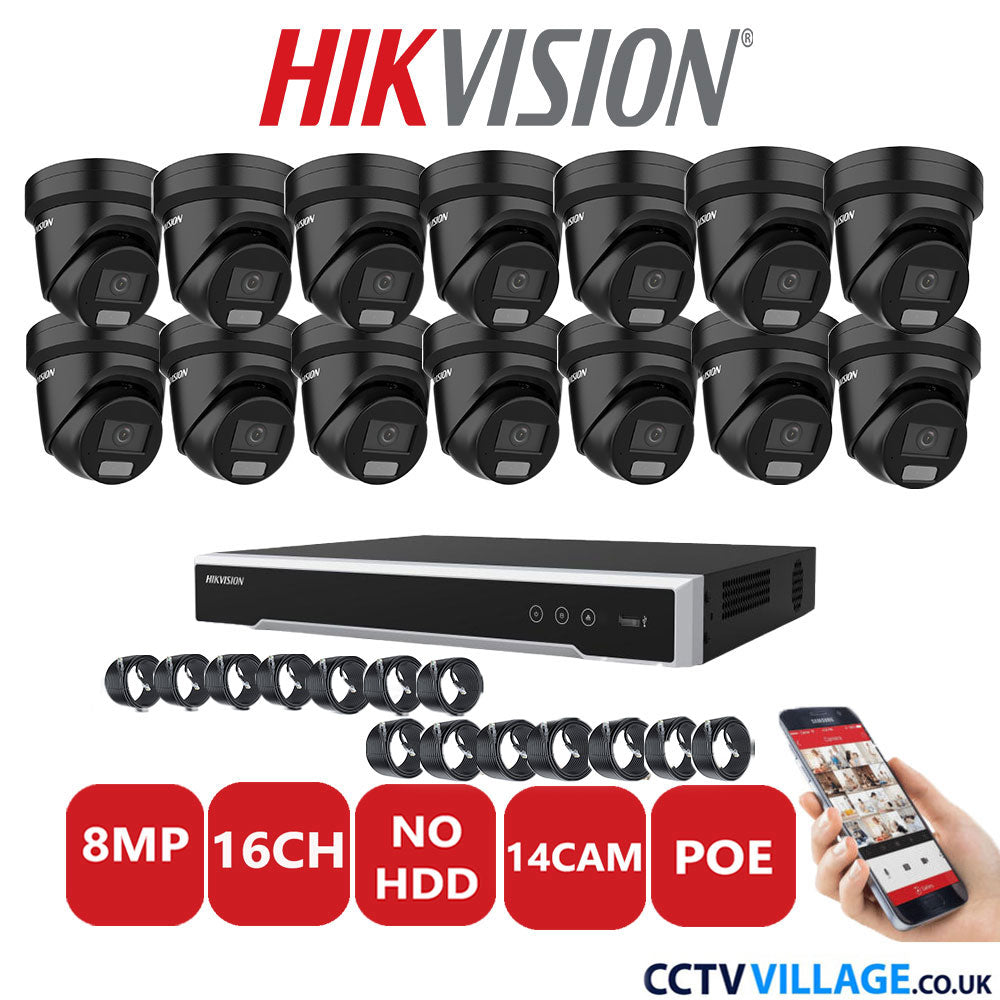 Hikvision 8MP IP CCTV System 16 Channel NVR-DS7616NI-I2/16P with 14x Turret DS-2CD2387G2H-LIU Black No HDD Full Kit