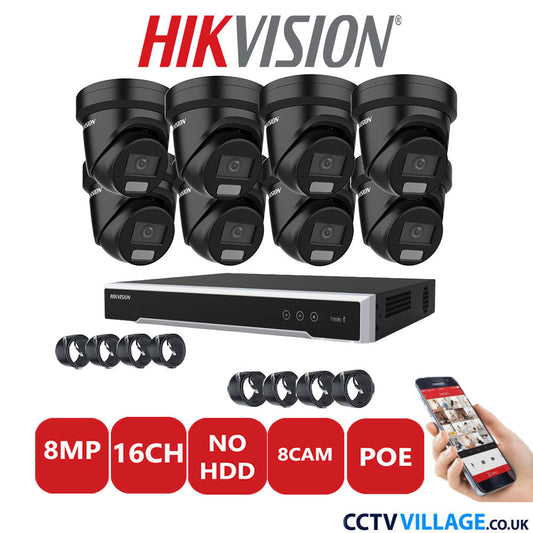 Hikvision 8MP IP CCTV System 16 Channel NVR-DS7616NI-I2/16P with 8x Turret DS-2CD2387G2H-LIU Black No HDD Full Kit