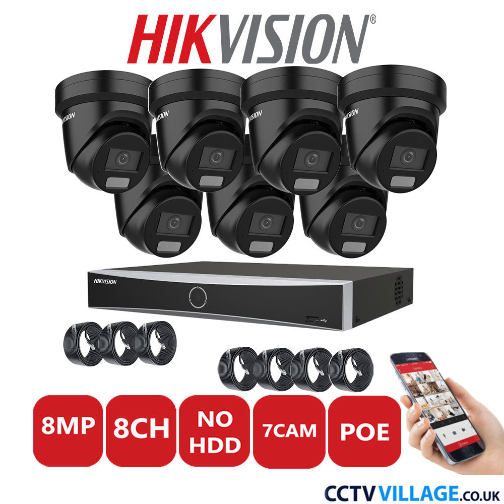 Hikvision 8MP IP CCTV System 8 Channel NVR-DS7608NXI-K2/8P with 7x Turret Cameras DS-2CD2387G2H-LIU Black No HDD Full Kit