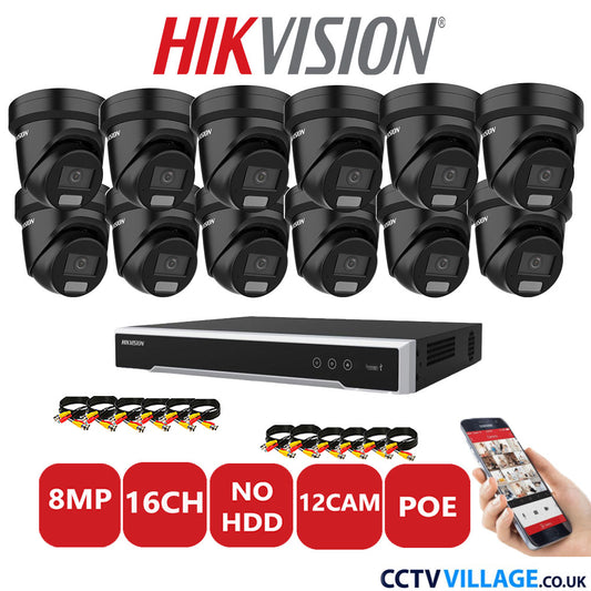 Hikvision 8MP IP CCTV System 16 Channel NVR-DS7616NI-I2/16P with 12x Turret DS-2CD2387G2H-LIU Black No HDD Full Kit