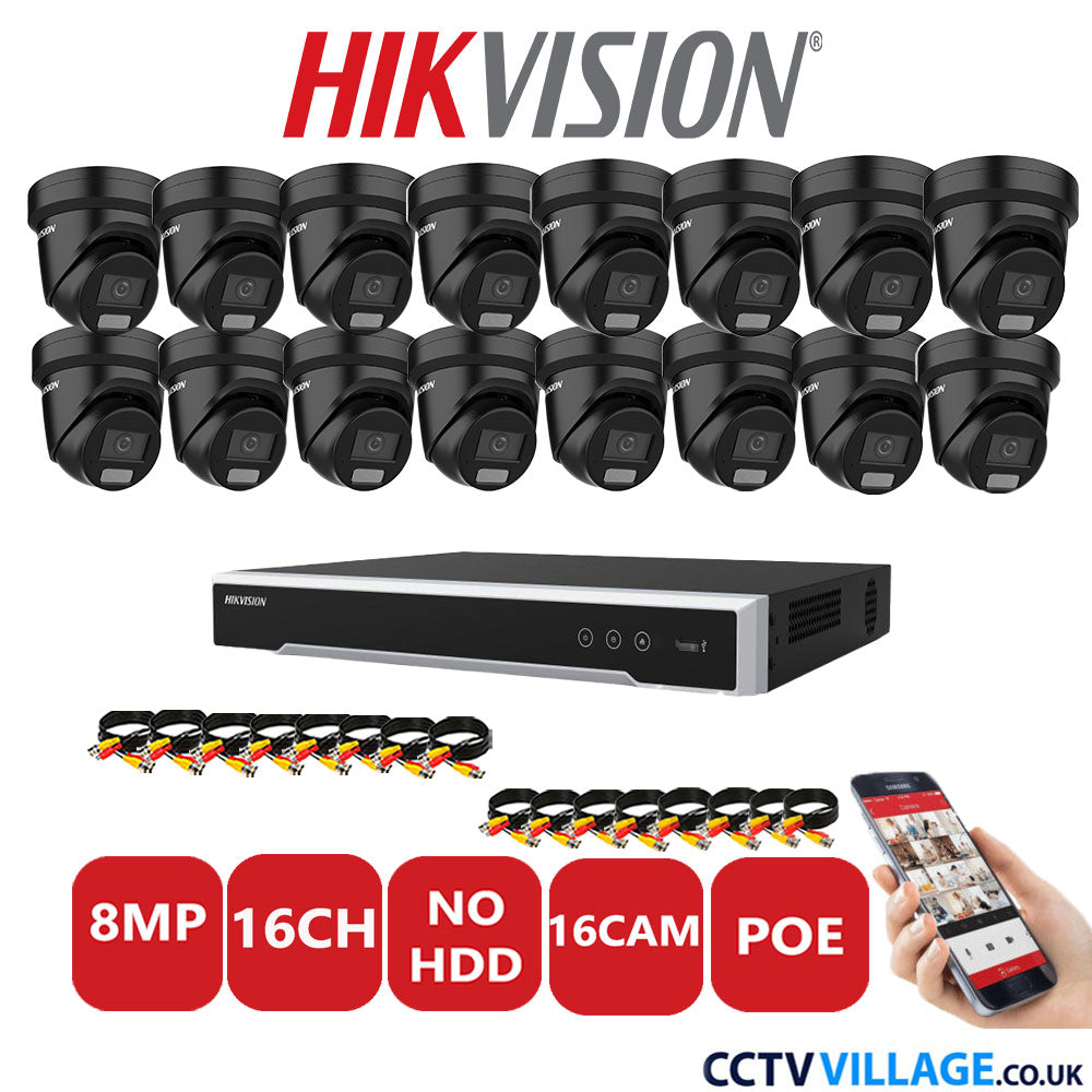 Hikvision 8MP IP CCTV System 16 Channel NVR-DS7616NI-I2/16P with 16x Turret DS-2CD2387G2H-LIU Black No HDD Full Kit