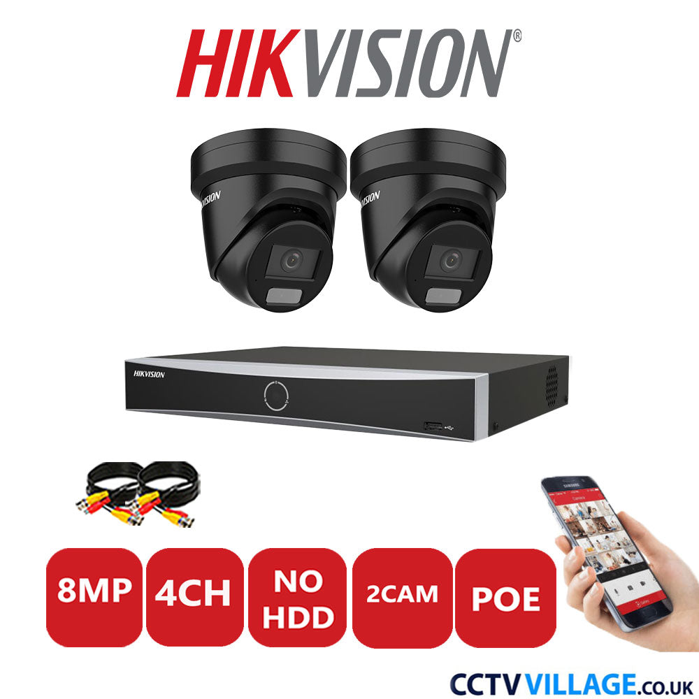 Hikvision 8MP IP CCTV Kit 4 Channel NVR-DS7604NXI-K1/4P with 2x Turret Cameras DS-2CD2387G2H-LIU Black No HDD Full Kit