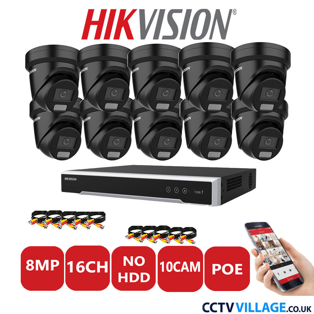 Hikvision 8MP IP CCTV System 16 Channel NVR-DS7616NI-I2/16P with 10x Turret DS-2CD2387G2H-LIU Black No HDD Full Kit