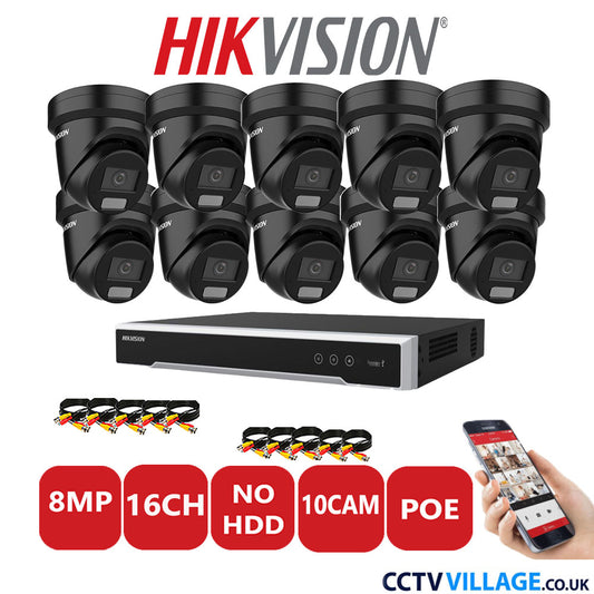 Hikvision 8MP IP CCTV System 16 Channel NVR-DS7616NI-I2/16P with 10x Turret DS-2CD2387G2H-LIU Black No HDD Full Kit