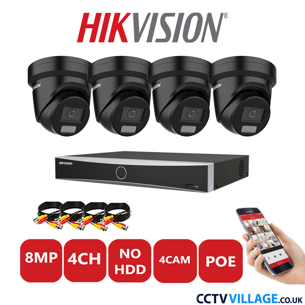 Hikvision 8MP IP CCTV Kit 4 Channel NVR-DS7604NXI-K1/4P with 4x Turret Cameras DS-2CD2387G2H-LIU Black NO HDD Full Kit