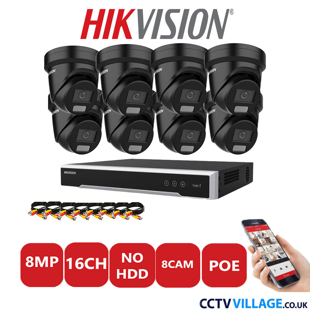 Hikvision 8MP IP CCTV System 16 Channel NVR-DS7616NI-I2/16P with 8x Turret DS-2CD2387G2H-LIU Black No HDD Full Kit