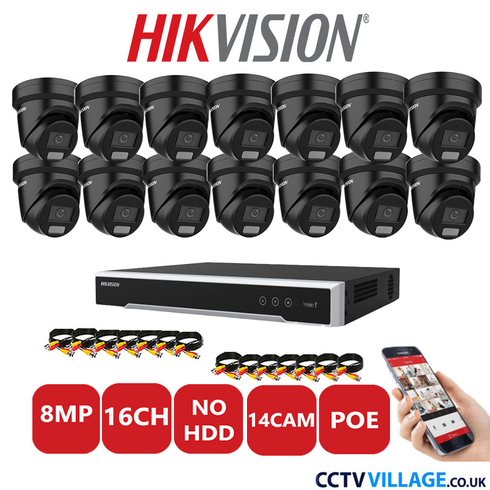 Hikvision 8MP IP CCTV System 16 Channel NVR-DS7616NI-I2/16P with 14x Turret DS-2CD2387G2H-LIU Black No HDD Full Kit