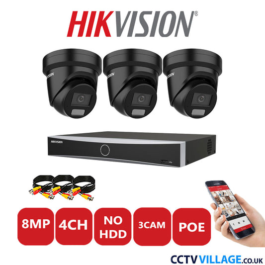 Hikvision 8MP IP CCTV Kit 4 Channel NVR-DS7604NXI-K1/4P with 3x Turret Cameras DS-2CD2387G2H-LIU Black NO HDD Full Kit