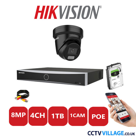 Hikvision 8MP IP CCTV Kit 4 Channel NVR-DS7604NXI-K1/4P with 1x Turret Camera DS-2CD2387G2H-LIU Black 1TB HDD Full Kit