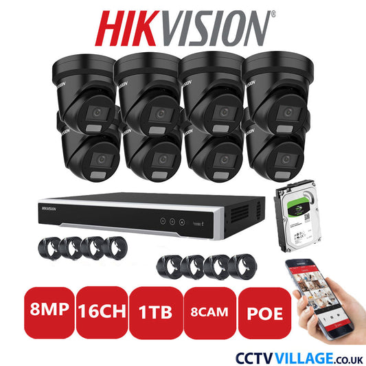 Hikvision 8MP IP CCTV System 16 Channel NVR-DS7616NI-I2/16P with 8x Turret DS-2CD2387G2H-LIU Black 1TB HDD Full Kit