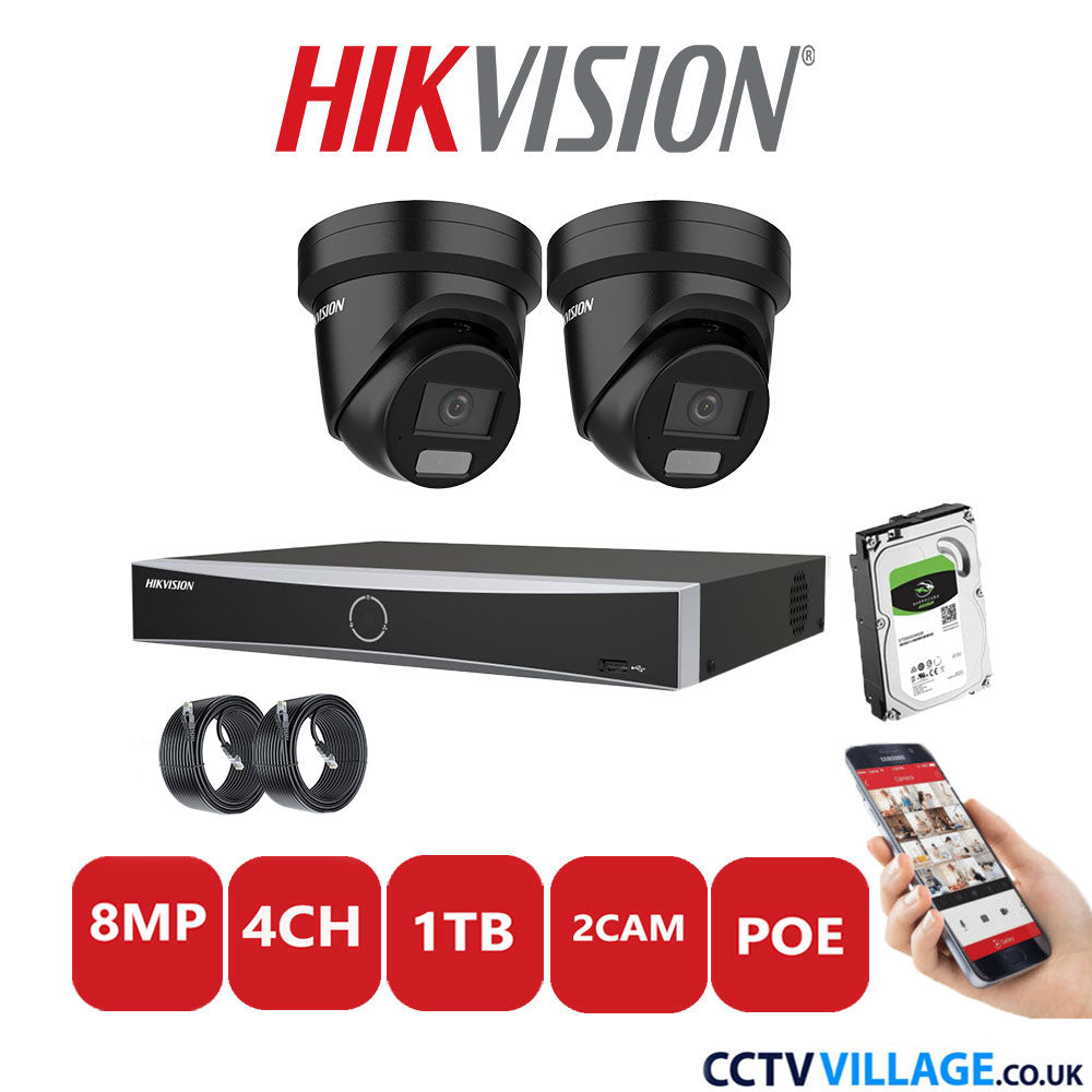 Hikvision 8MP IP CCTV System 4 Channel NVR-DS7604NXI-K1/4P with 2x Turret Cameras DS-2CD2387G2H-LIU Black 1TB HDD Full Kit