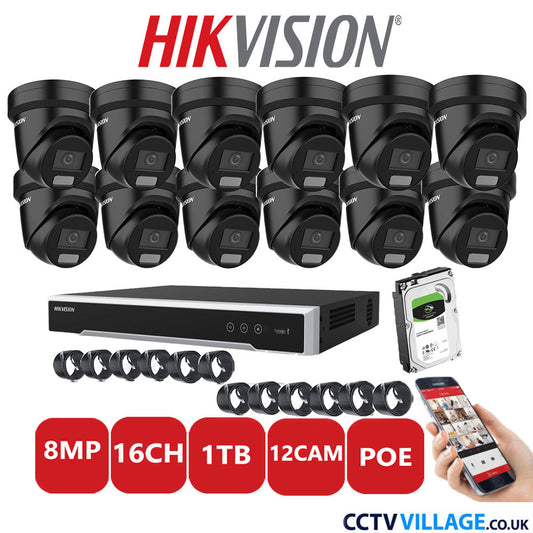 Hikvision 8MP IP CCTV System 16 Channel NVR-DS7616NI-I2/16P with 12x Turret DS-2CD2387G2H-LIU Black 1TB HDD Full Kit