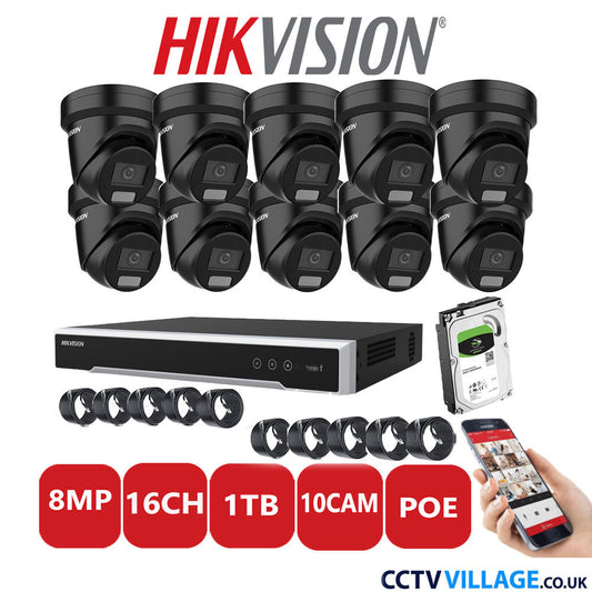 Hikvision 8MP IP CCTV System 16 Channel NVR-DS7616NI-I2/16P with 10x Turret DS-2CD2387G2H-LIU Black 1TB HDD Full Kit