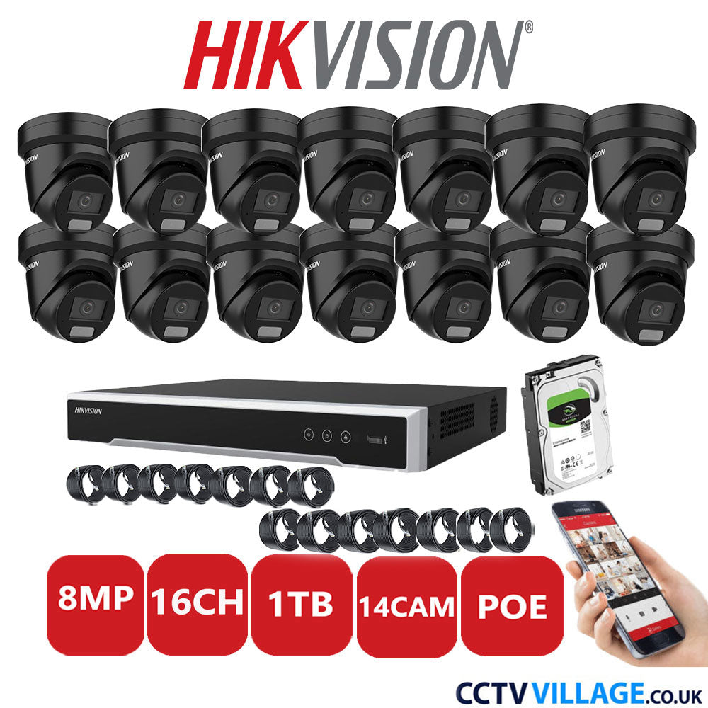 Hikvision 8MP IP CCTV System 16 Channel NVR-DS7616NI-I2/16P with 14x Turret DS-2CD2387G2H-LIU Black 1TB HDD Full Kit