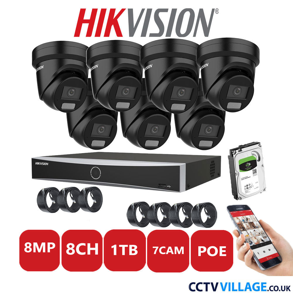 Hikvision 8MP IP CCTV System 8 Channel NVR-DS7608NXI-K2/8P with 7x Turret Cameras DS-2CD2387G2H-LIU Black 1TB HDD Full Kit