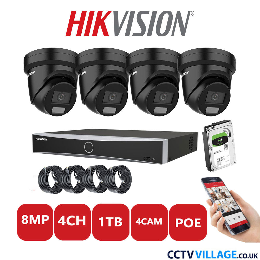 Hikvision 8MP IP CCTV System 4 Channel NVR-DS7604NXI-K1/4P with 4x Turret Cameras DS-2CD2387G2H-LIU Black 1TB HDD Full Kit