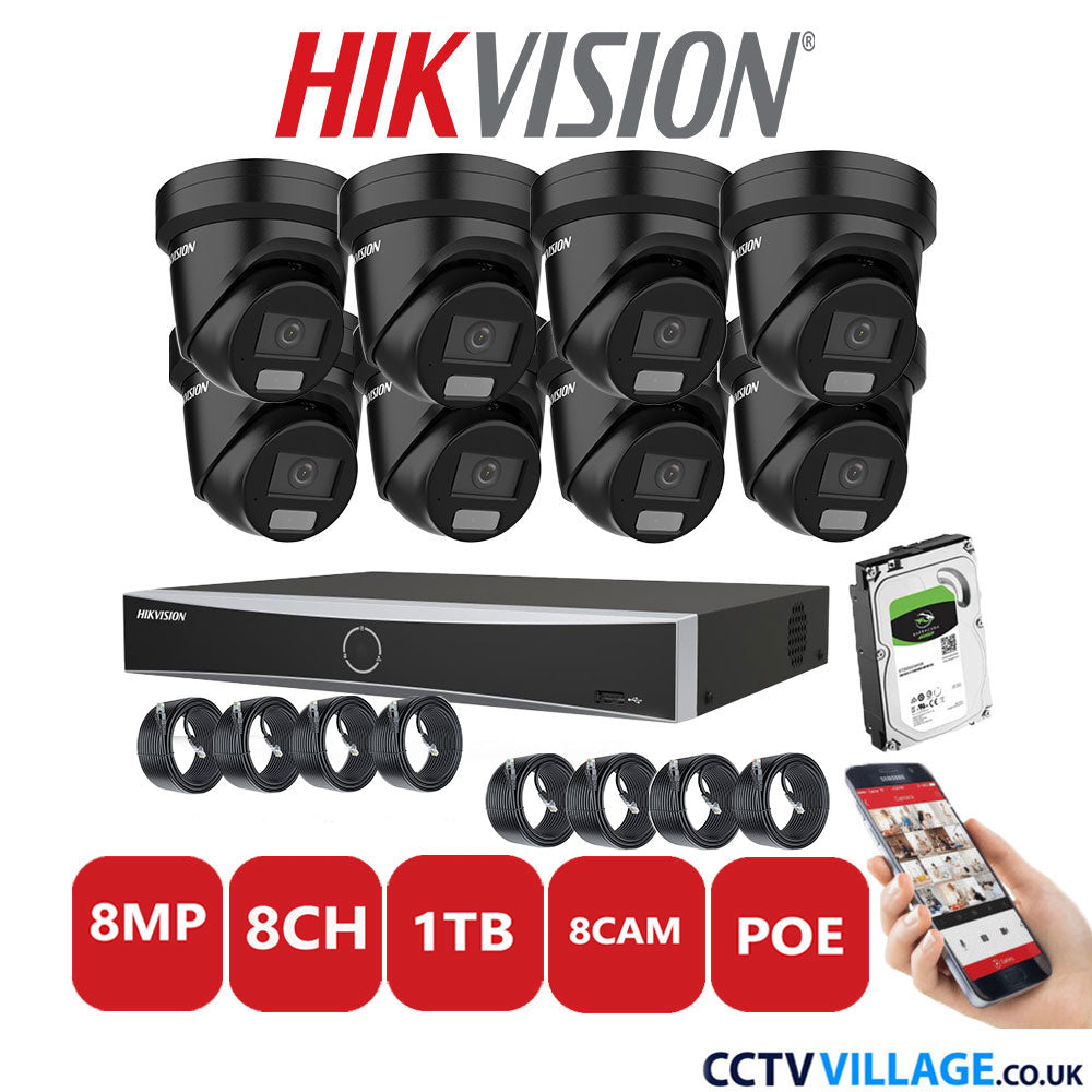 Hikvision 8MP IP CCTV System 8 Channel NVR-DS7608NXI-K2/8P with 8x Turret Cameras DS-2CD2387G2H-LIU Black 1TB HDD Full Kit