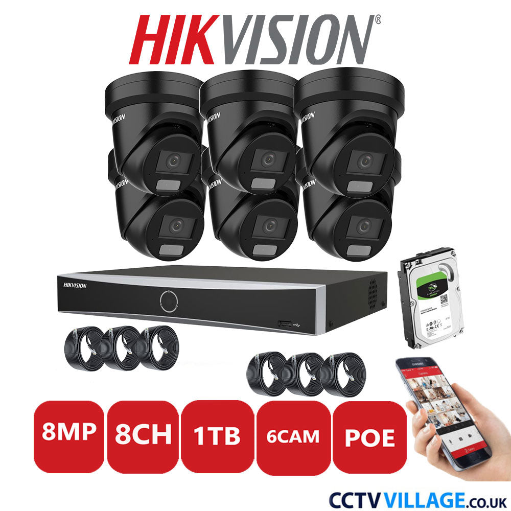 Hikvision 8MP IP CCTV System 8 Channel NVR-DS7608NXI-K2/8P with 6x Turret Cameras DS-2CD2387G2H-LIU Black 1TB HDD Full Kit