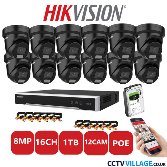 Hikvision 8MP IP CCTV System 16 Channel NVR-DS7616NI-I2/16P with 12x Turret DS-2CD2387G2H-LIU Black 1TB HDD Full Kit