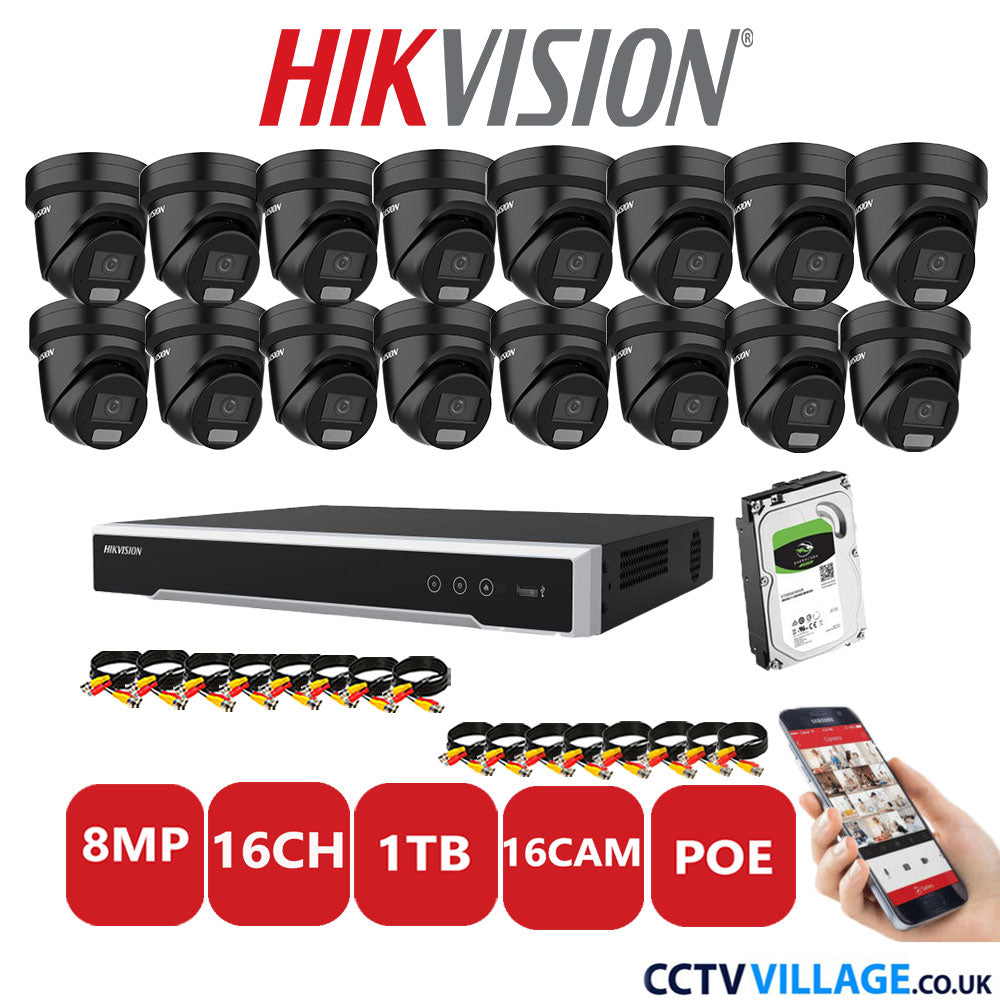 Hikvision 8MP IP CCTV System 16 Channel NVR-DS7616NI-I2/16P with 16x Turret DS-2CD2387G2H-LIU Black 1TB HDD Full Kit