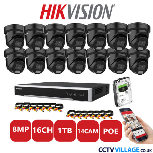 Hikvision 8MP IP CCTV System 16 Channel NVR-DS7616NI-I2/16P with 14x Turret DS-2CD2387G2H-LIU Black 1TB HDD Full Kit