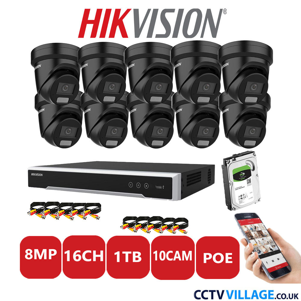 Hikvision 8MP IP CCTV System 16 Channel NVR-DS7616NI-I2/16P with 10x Turret DS-2CD2387G2H-LIU Black 1TB HDD Full Kit