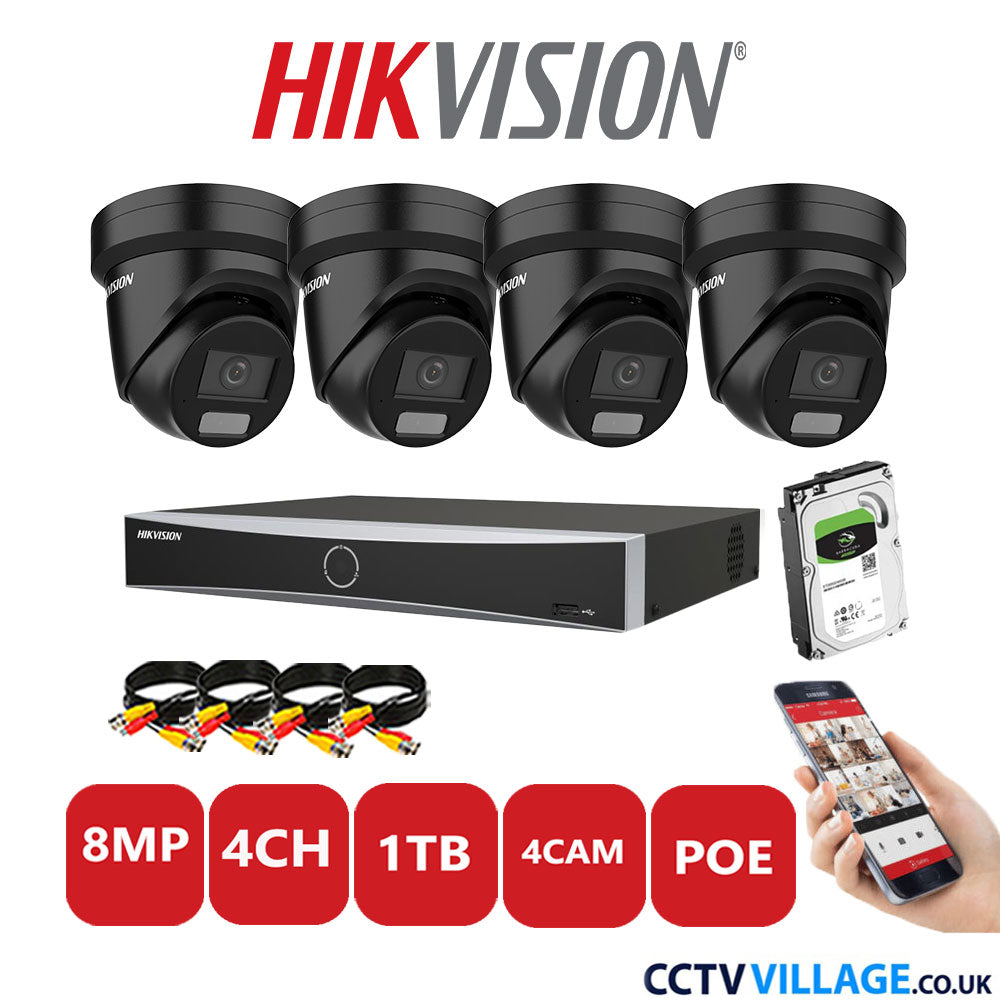 Hikvision 8MP IP CCTV Kit 4 Channel NVR-DS7604NXI-K1/4P with 4x Turret Cameras DS-2CD2387G2H-LIU Black 1TB HDD Full Kit