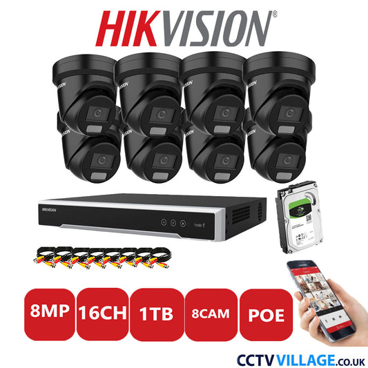 Hikvision 8MP IP CCTV System 16 Channel NVR-DS7616NI-I2/16P with 8x Turret DS-2CD2387G2H-LIU Black 1TB HDD Full Kit