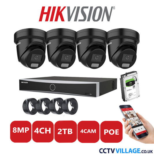 Hikvision 8MP IP CCTV System 4 Channel NVR-DS7604NXI-K1/4P with 4x Turret Cameras DS-2CD2387G2H-LIU Black 2TB HDD Full Kit