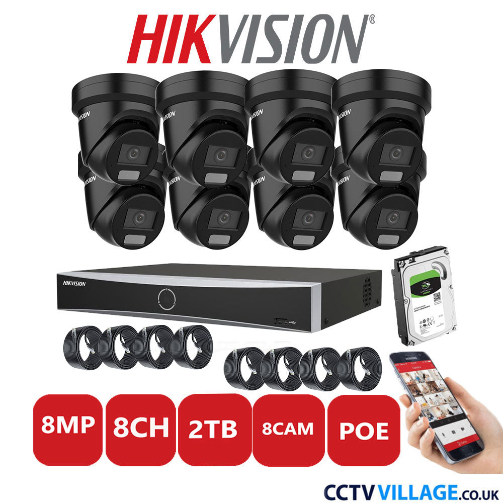 Hikvision 8MP IP CCTV System 8 Channel NVR-DS7608NXI-K2/8P with 8x Turret Cameras DS-2CD2387G2H-LIU Black 2TB HDD Full Kit