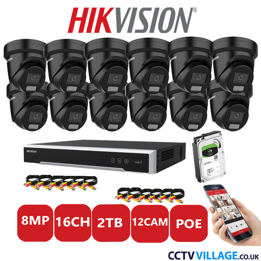 Hikvision 8MP IP CCTV System 16 Channel NVR-DS7616NI-I2/16P with 12x Turret DS-2CD2387G2H-LIU Black 2TB HDD Full Kit