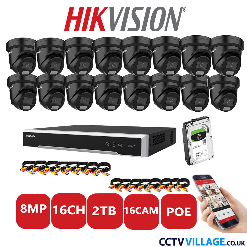 Hikvision 8MP IP CCTV System 16 Channel NVR-DS7616NI-I2/16P with 16x Turret DS-2CD2387G2H-LIU Black 2TB HDD Full Kit