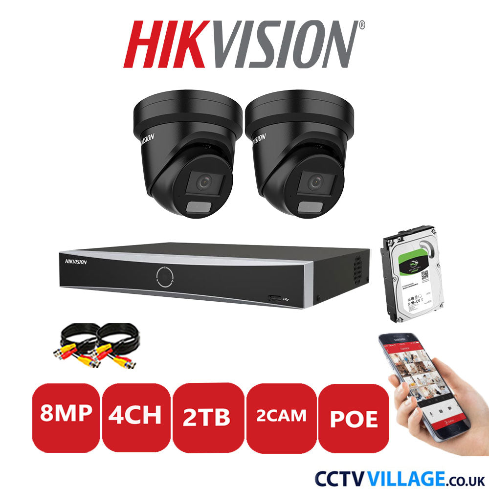 Hikvision 8MP IP CCTV Kit 4 Channel NVR-DS7604NXI-K1/4P with 2x Turret Cameras DS-2CD2387G2H-LIU Black 2TB HDD Full Kit