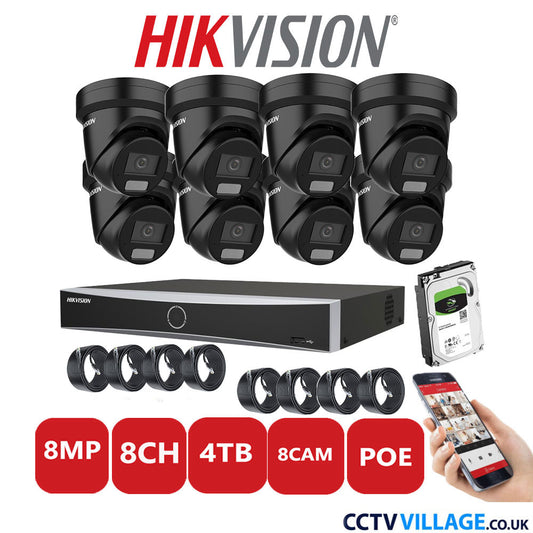 Hikvision 8MP IP CCTV System 8 Channel NVR-DS7608NXI-K2/8P with 8x Turret Cameras DS-2CD2387G2H-LIU Black 4TB HDD Full Kit